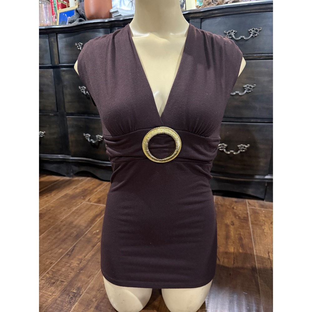 Julia Brown V-Neck Empire Waist Top with Gold Ring Detail Size Small Y2K Style
